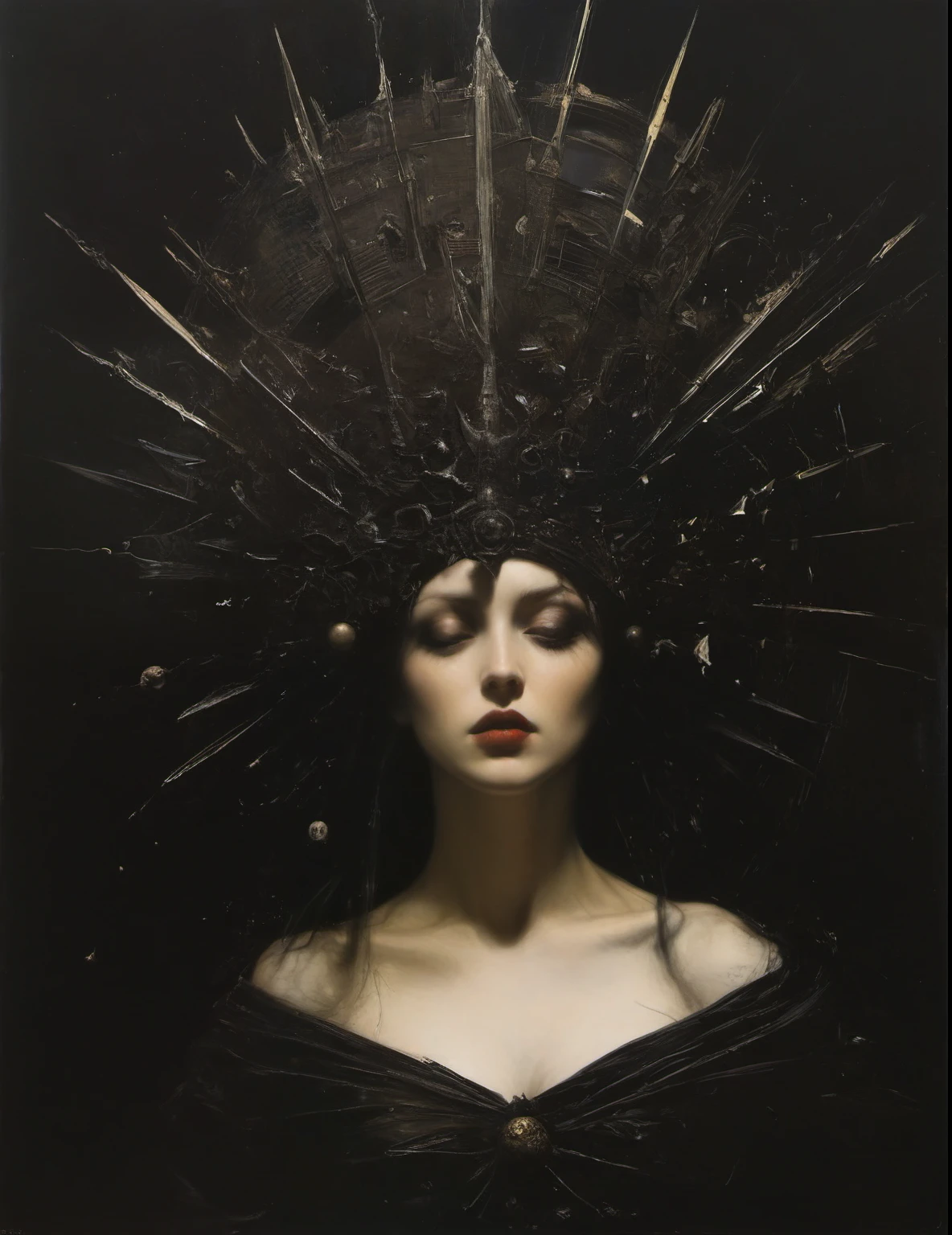 James Gurney, Surrealist art , dream-like, Mysterious, Provocative, symbolic, Complex, detailed,, (Gothic but very beautiful:1.4), (masterpiece, highest quality:1.4) , Nicola Samori Style, Queen of batons
