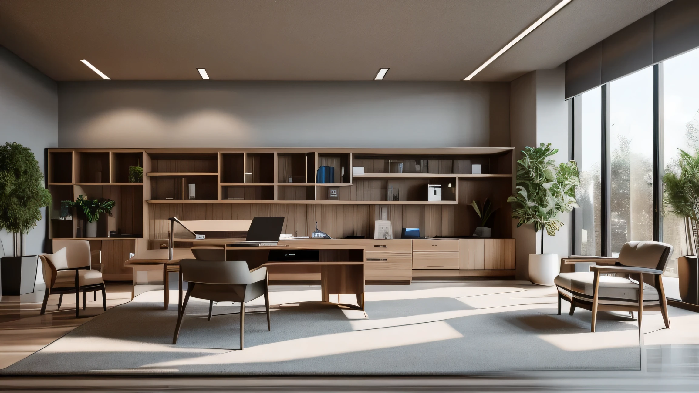 a professional business office interior, elegant desk, comfortable office chair, bookshelves, potted plants, large windows, natural lighting, sleek modern design, minimalist style, clean and organized, sophisticated color palette, warm wooden accents, detailed textures, photorealistic, 8k, cinematic lighting, masterpiece
