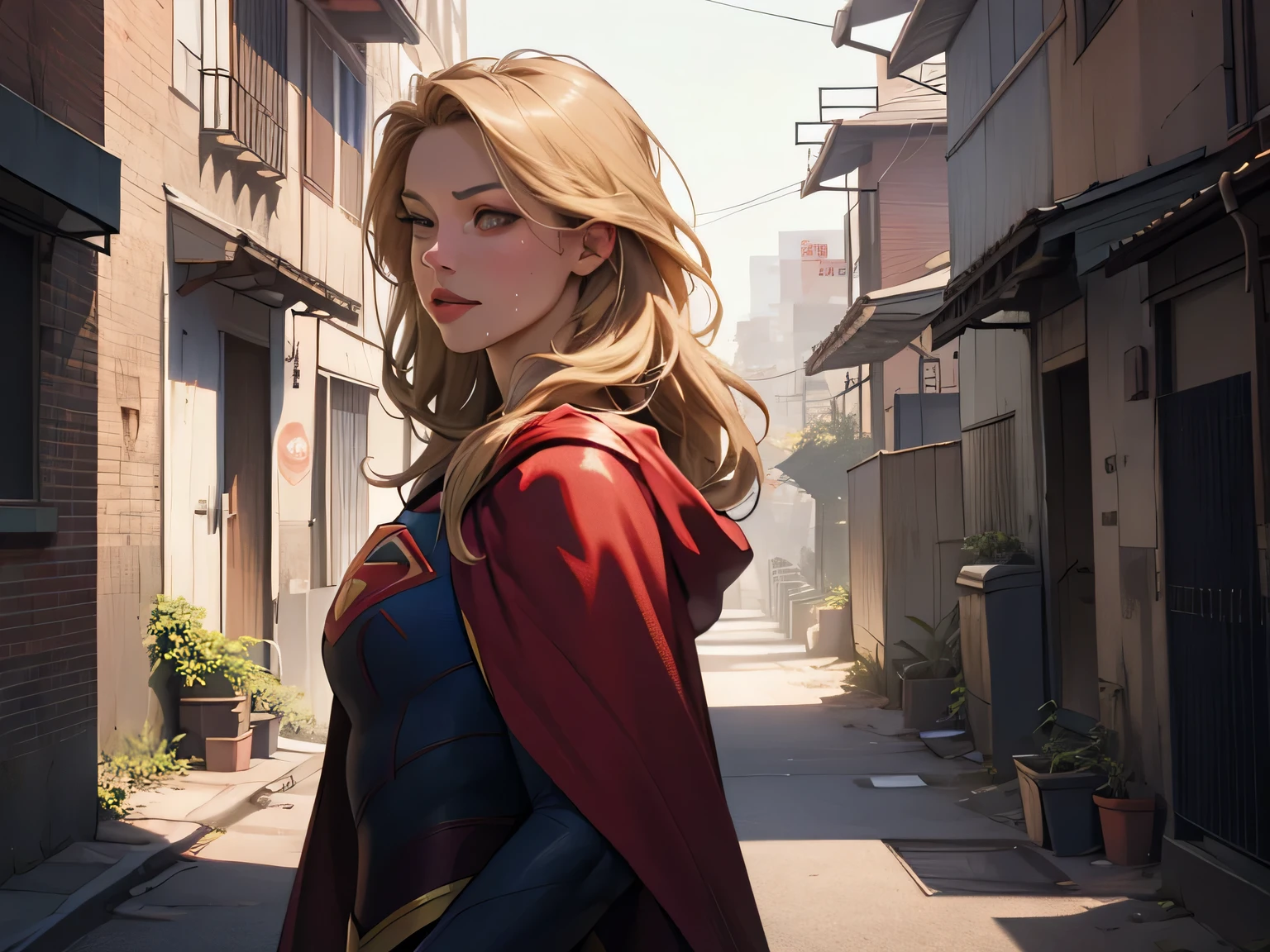 (masterpiece:1.3), (8k, Realistic, RAW Photos, highest quality: 1.4), Absurd, Charm, Ultra-high resolution, Ultra-realistic, Very detailed, Golden Ratio, (Realistic), (Best Shadow), Low contrast, (Complex:1.4), Side lighting, 8K, Beautiful Face, (Realistic Face), Beautiful hairstyle, Realistic eyes, Beautiful fine details, (Realistic Skin), Beautiful Skin, (One girl), ((Melissa Benoist)), ((SUPER GIRL)), (Accurate hand and finger depiction), Supergirl Women, (Blonde, Long Hair:1.4), ((Red cloak)), BREAK ((Facing forward)), (Sweat), BREAK ((A deserted back alley in the city)), ((New York cityscape)), ((Red brick building)), (Front view)