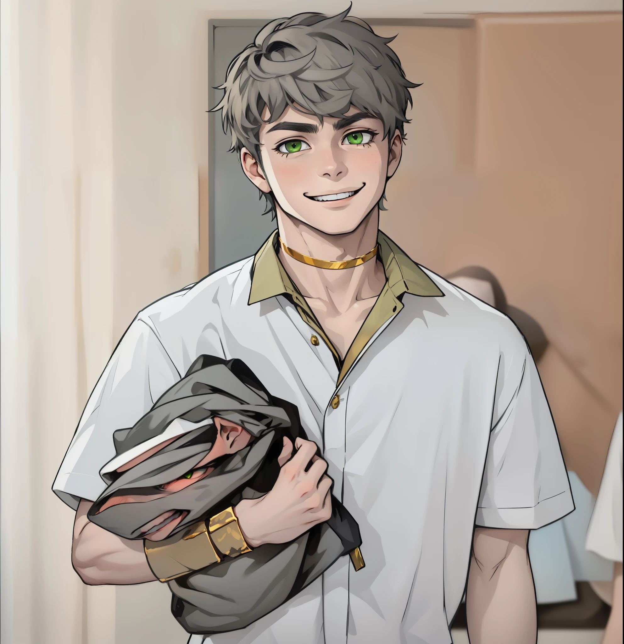 green eyes 17 years old smiles mischievously sees someone has golden jewelry golden bracelets white hair