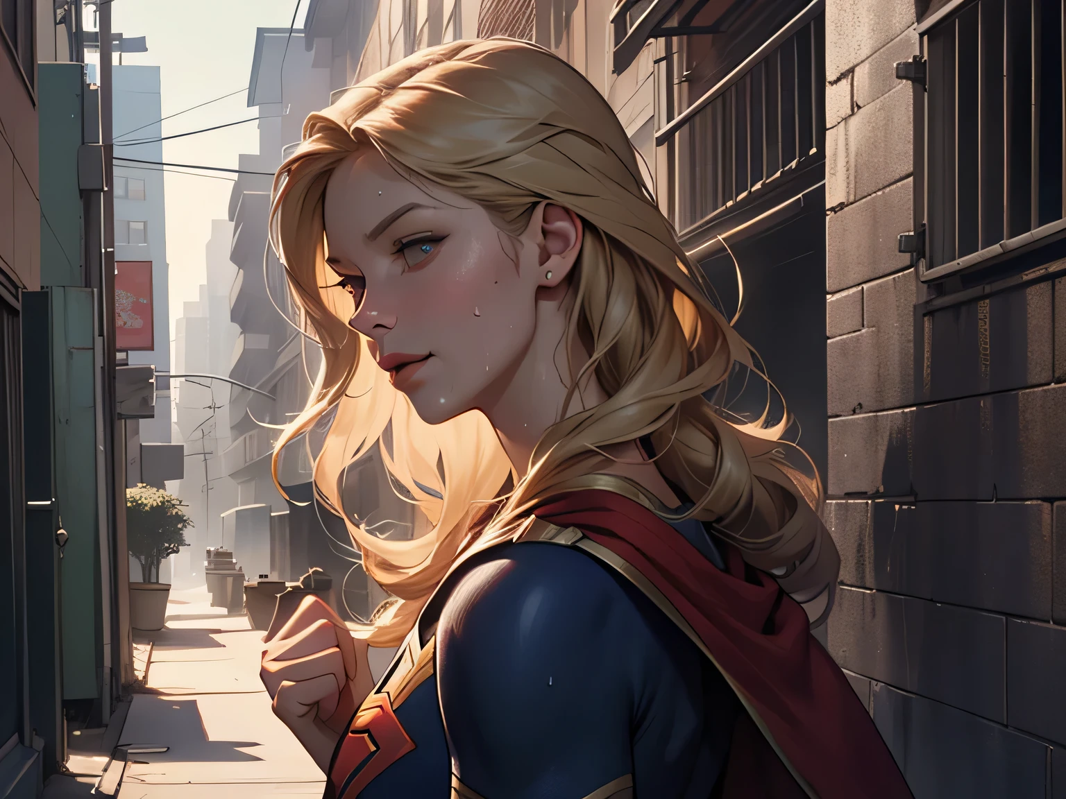 (masterpiece:1.3), (8k, Realistic, RAW Photos, highest quality: 1.4), Absurd, Charm, Ultra-high resolution, Ultra-realistic, Very detailed, Golden Ratio, (Realistic), (Best Shadow), Low contrast, (Complex:1.4), Side lighting, 8K, Beautiful Face, (Realistic Face), Beautiful hairstyle, Realistic eyes, Beautiful fine details, (Realistic Skin), Beautiful Skin, (One girl), ((Melissa Benoist)), ((SUPER GIRL)), (Accurate hand and finger depiction), Supergirl Women, (Blonde, Long Hair:1.4), ((Red cloak)), BREAK ((Facing forward)), (Sweat), BREAK ((A deserted back alley in the city)), ((New York cityscape)), ((Red brick building)), (Front view)