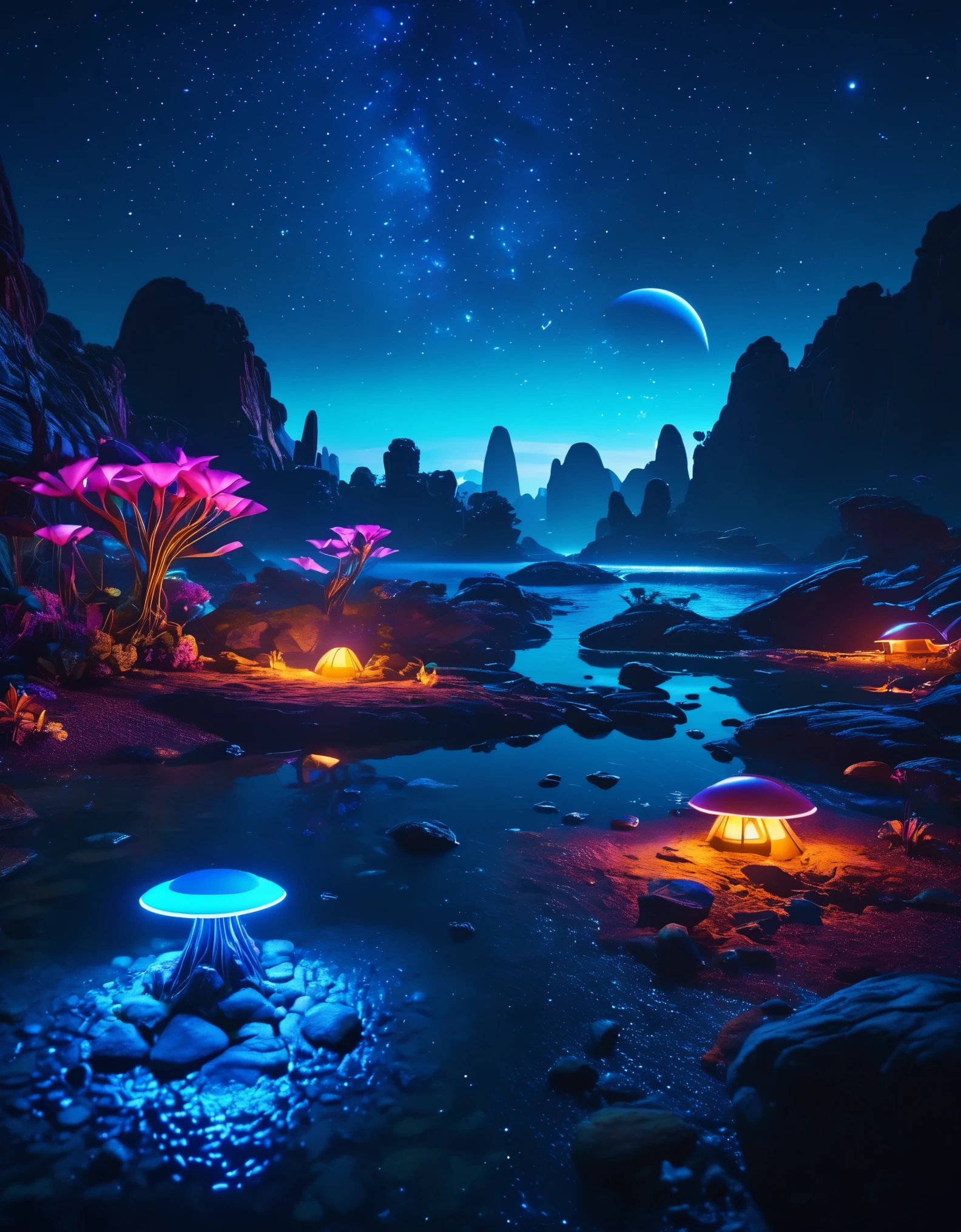 a futuristic alien landscape, sci-fi campsite, surreal starry night sky, glowing alien flora, otherworldly bioluminescent plants, floating rocks, advanced alien technology, neon lighting, cinematic composition, dramatic lighting, vibrant colors, hyper-detailed, photorealistic, 8k, (best quality,4k,8k,highres,masterpiece:1.2),ultra-detailed,(realistic,photorealistic,photo-realistic:1.37)