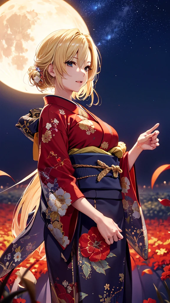 masterpiece, high quality, 4K, Beautiful design, silhouette，blonde， 非常に詳細な夜のStarry Sky,Flower Field， wonderful, Finer details,  Very knowledgeable woman, Highly detailed solo, 1 female,Big Breasts，Red colored kimono，Night view，Starry Sky，full moon，