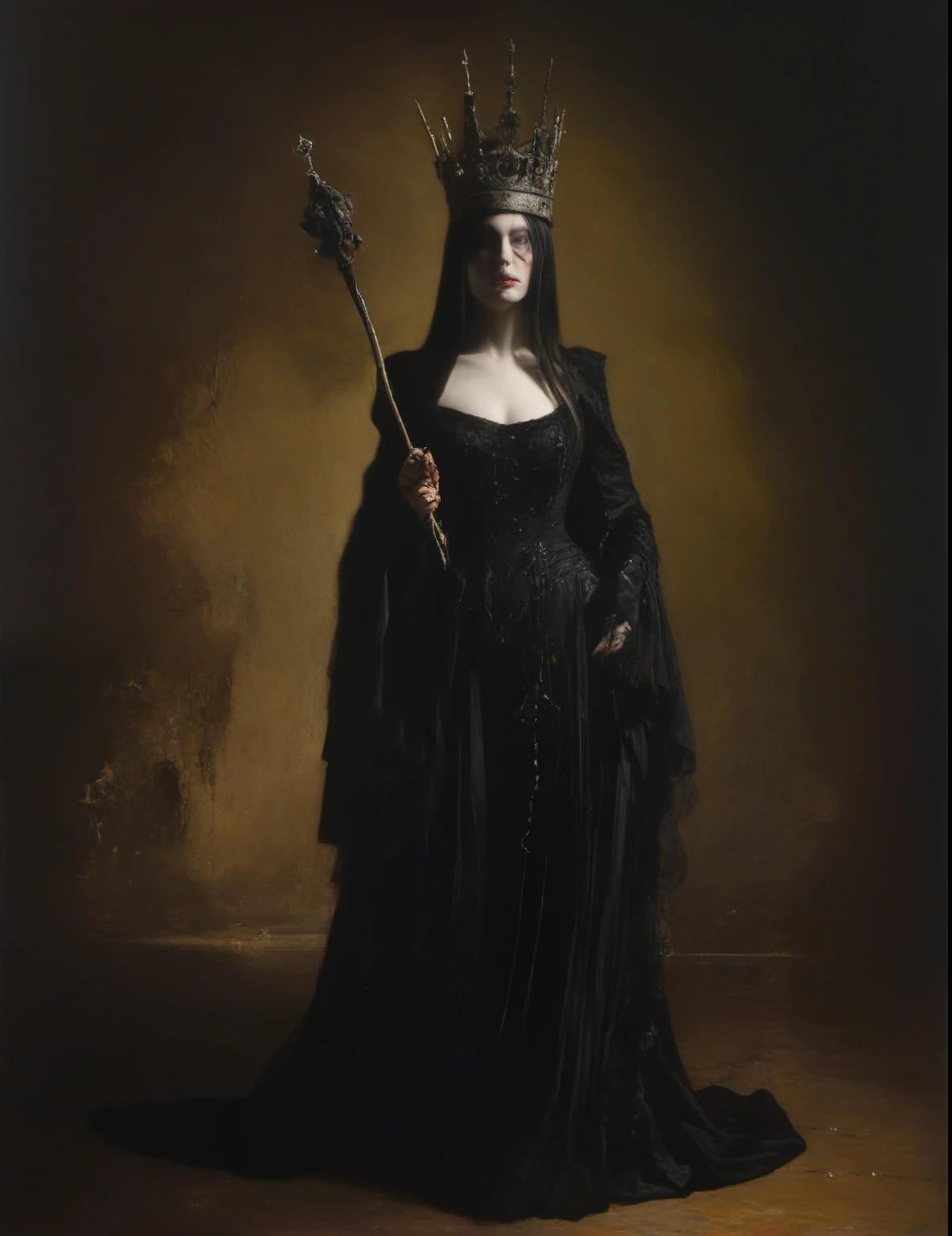 James Gurney, Surrealist art , dream-like, Mysterious, Provocative, symbolic, Complex, detailed,, (Gothic but very beautiful:1.4), (masterpiece, highest quality:1.4) , Nicola Samori Style, Queen with a stick