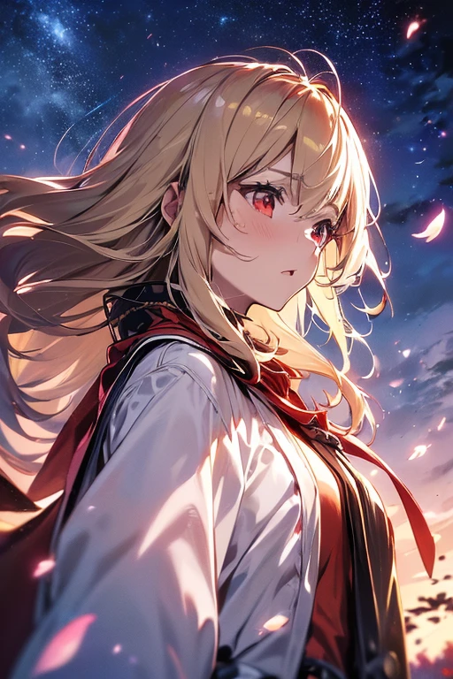 (best quality, masterpiece),(1 woman, miko, coat, Facial expressions, red eyes, looking straight ahead ,blond hair, walking, upper body), (lost night sky, huge old trees behind, Shiny pink petals falling behind, A gentleman in the back, mountain background, blowing wind, meteor cloud)