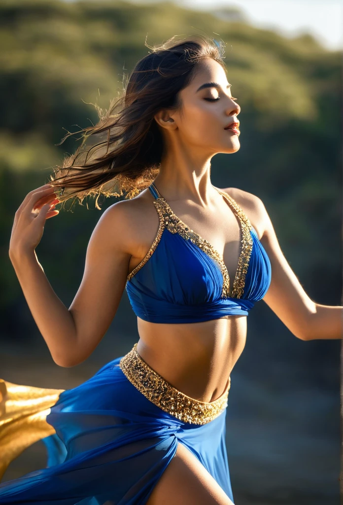 The image captures a moment of pure elegance and grace. O sujeito, uma jovem mulher, is in the middle of a dance, your body positioned in a dynamic pose that suggests movement and energy. She is adorned in a blue bikini, its golden details adding a touch of sophistication. O vestido, with your flowing skirt, It&#39;s a testament to the fluidity of your dance.

His arms are raised, mirroring the upward movement of your dance, and his eyes are closed, indicating a moment of intense concentration or perhaps a moment of pure joy. Sunlight coming in from the side casts a warm glow on her, highlighting your features and adding depth to the image.

O fundo contrasta fortemente com o assunto, com suas cores escuras e suaves, allowing the viewer&#39;s attention to remain focused on the woman and her dance. The overall composition of the image, with its careful balance of light and shadow, cor e contraste, creates a visually stunning scene that captures the essence of grace and beauty in motion.