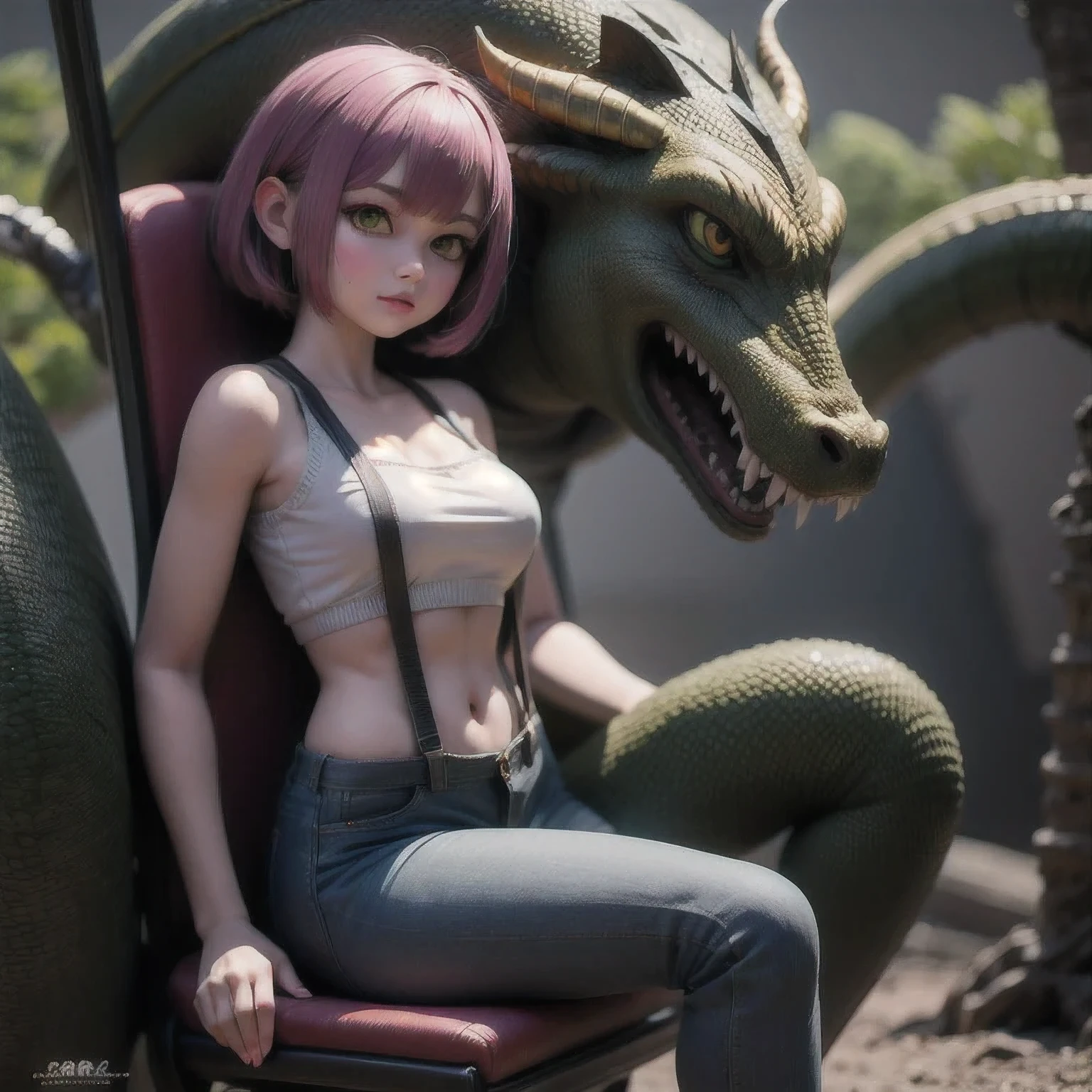 Suspender jeans(masterpiece, best quality:1.2), Very short hair, alone，Pale pink，Light rouge makeup（（（Short hair）））（dragon）masterpiece， Outdoor backstreets，Lunar soil，best quality， movie lighting， soft light ,Realistic，facial close-up，Landscape avatar，666， （ girl sitting in a chair with a dragon on it, 2. 5 d cgi anime fantasy artwork, Yellow green dragon, 3 d render character art 8 k,Yellow-green dragon，Yellow green dragon