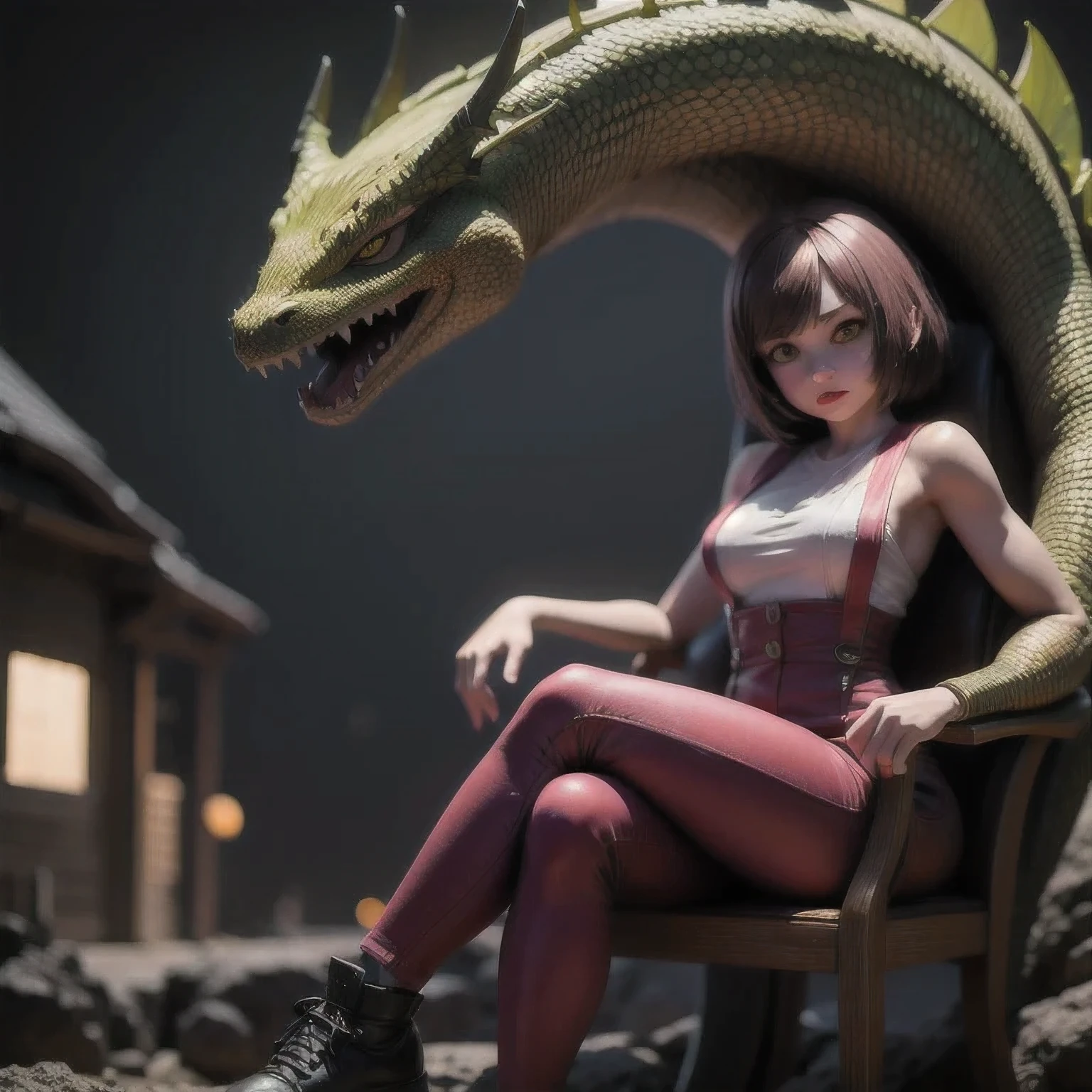 Suspender jeans(masterpiece, best quality:1.2), Very short hair, alone，Pale pink，Light rouge makeup（（（Short hair）））（dragon）masterpiece， Outdoor backstreets，Lunar soil，best quality， movie lighting， soft light ,Realistic，facial close-up，Landscape avatar，666， （ girl sitting in a chair with a dragon on it, 2. 5 d cgi anime fantasy artwork, Yellow green dragon, 3 d render character art 8 k,Yellow-green dragon，Yellow green dragon