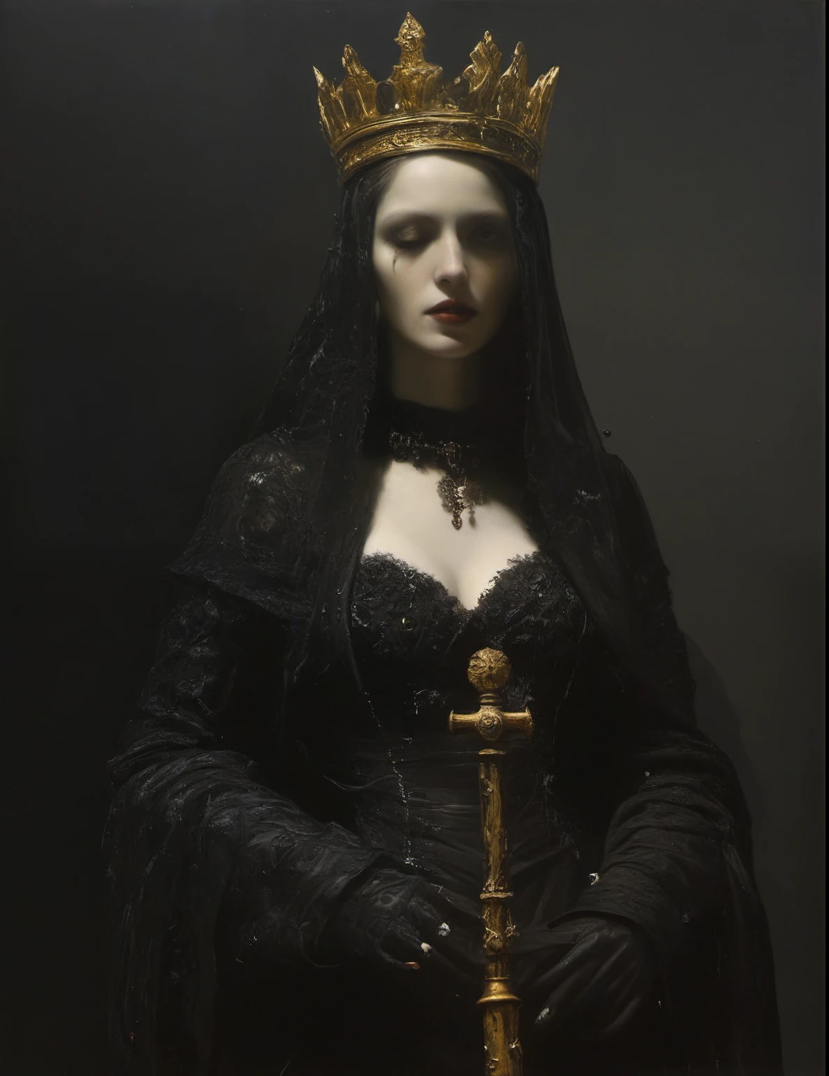 James Gurney, Surrealist art , dream-like, Mysterious, Provocative, symbolic, Complex, detailed,, (Gothic but very beautiful:1.4), (masterpiece, highest quality:1.4) , Nicola Samori Style, Queen sceptre