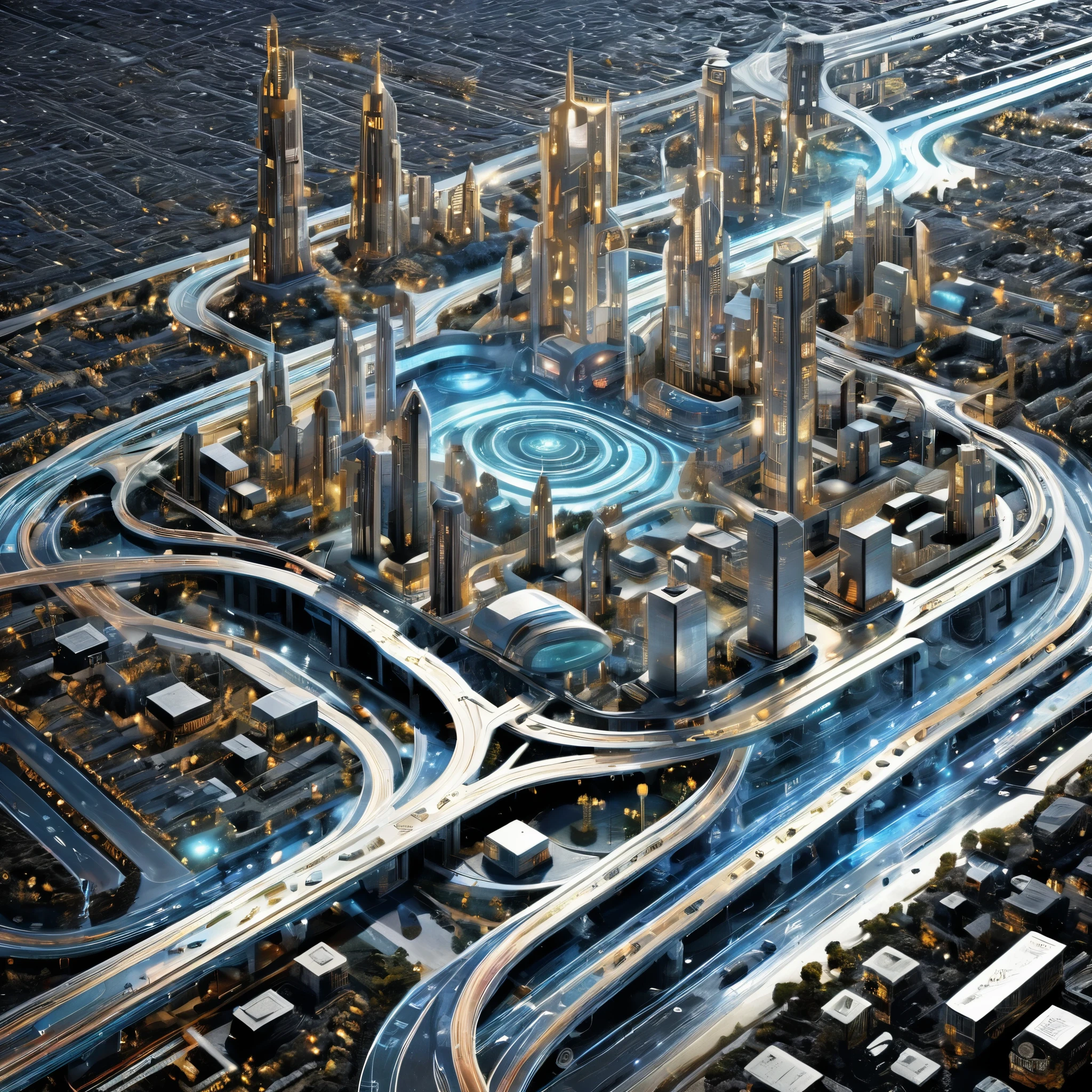 A highly detailed advanced computer circuit board where the chips are futuristic beautful buildings of chrome and glass and the pathways are highly organized highways with minature futuristic vehicles traveling them
