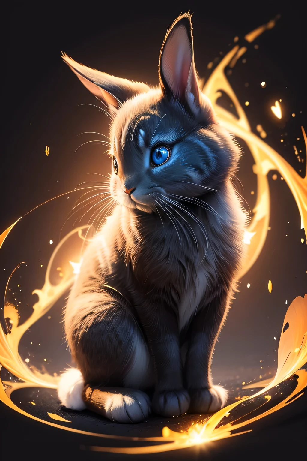 Colorful drawing of a rabbit on a black background,, Breathtaking Rendering, In a shining connection, Inspired by Kinuko Y. Crafting,, Magical Elements, Kitten Icon, oh, Is beautiful, Cast a variety of spells, bright flash, flash  