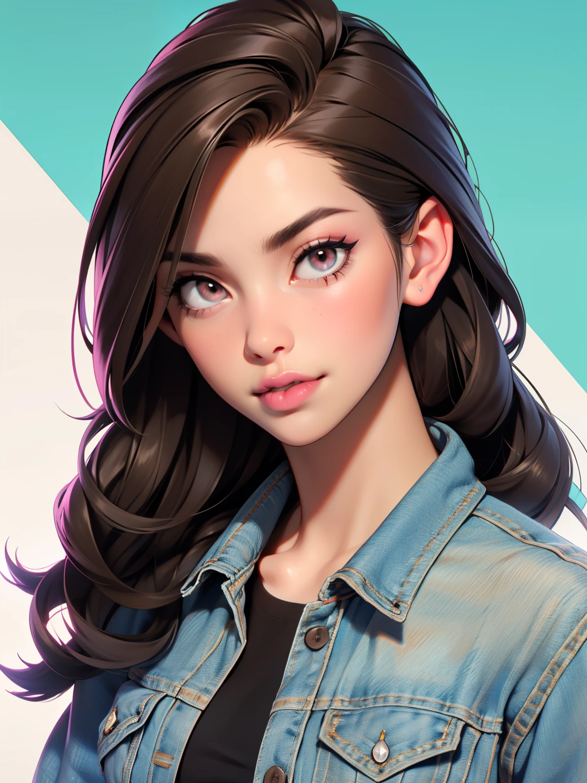 Girl, long straight brown hair, sharp features, white skin, pink lips, beautiful, T-shirt, denim jacket