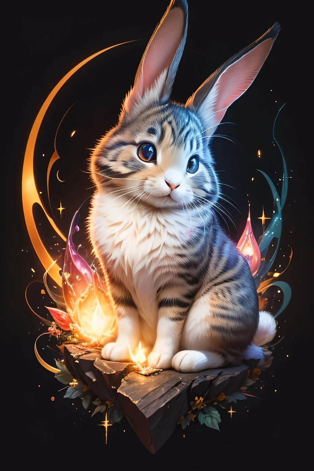 Colorful drawing of a rabbit on a black background,, Breathtaking Rendering, In a shining connection, Inspired by Kinuko Y. Crafting,, Magical Elements, Kitten Icon, oh, Is beautiful, Cast a variety of spells, bright flash, flash