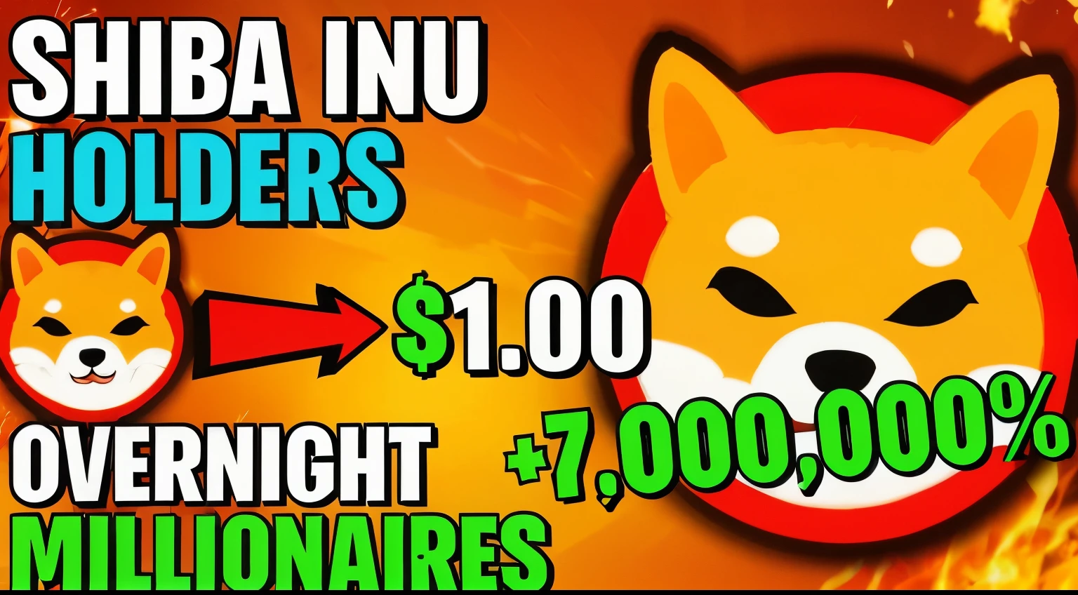 "Create an image with a vibrant, high-energy background featuring fireworks and flames. In the foreground, include a prominently displayed Shiba Inu coin symbol with vampire fangs. Add bold, eye-catching text in the style of an advertisement, reading 'SHIBA INU HOLDERS,' '$1.00,' 'OVERNIGHT MILLIONAIRES,' and '+7,000,000%' with bright colors such as blue, green, white, and red. Ensure the text and symbols are dynamic and engaging, conveying excitement and financial success."