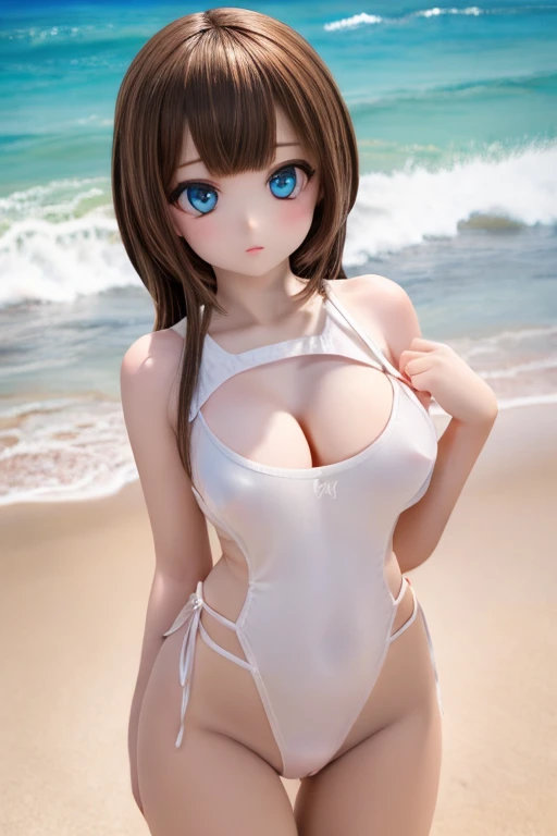 a beautiful young girl in a white swimsuit standing on a sandy beach, detailed face, beautiful eyes, long eyelashes, detailed lips, flawless skin, slim figure, graceful pose, oceanview background, golden sun lighting, (best quality,4k,8k,highres,masterpiece:1.2),ultra-detailed,(realistic,photorealistic,photo-realistic:1.37),detailed skin, studio lighting, vivid colors, cinematic lighting, dramatic lighting, glamour photography