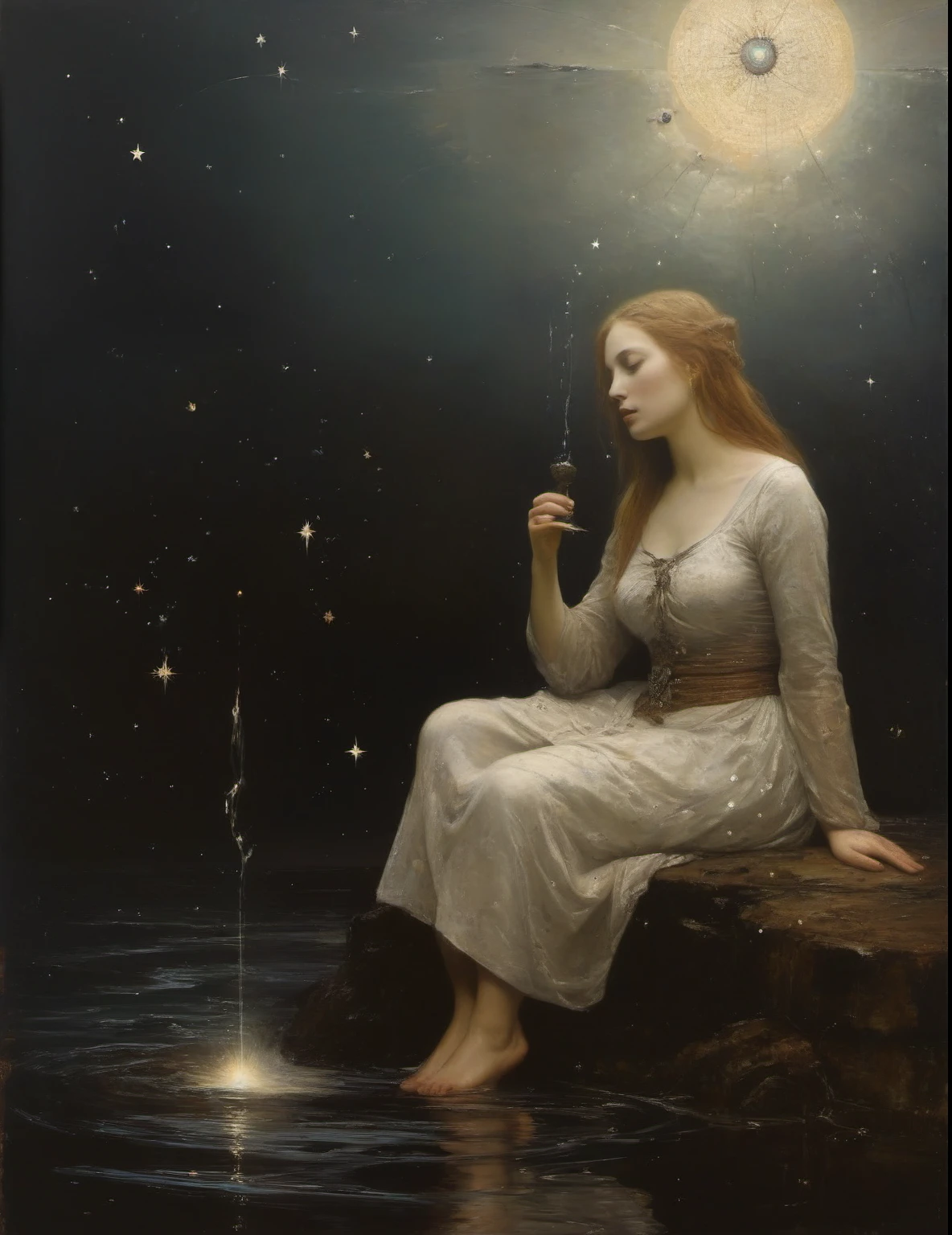 James Gurney, Surrealist art , dream-like, Mysterious, Provocative, symbolic, Complex, detailed,, (Gothic but very beautiful:1.4), (masterpiece, highest quality:1.4) , Nicola Samori Style,  A woman kneeling by the water; One foot in the water、One foot is on land.[2] There is a big star above her head, Showing her true essence, And seven little stars, Represents the chakras