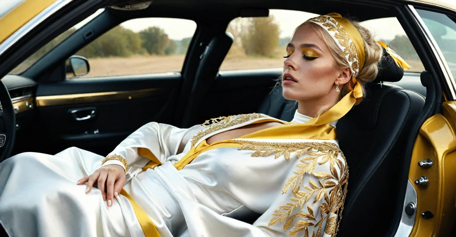 ((masterpiece)), ((Best quality)), 8K, HD, Super Detail, (Woman), (White dress with yellow gold headbands), (Golden hair shawl scattered), (Expression of closed eyes) (sleep in car 1.6) (Full body show 1.4) Картина-masterpiece, With the best quality and super detail, captured in 8K HD. Photographic realistic, realistic, very detailed illustrations realistic, octane number