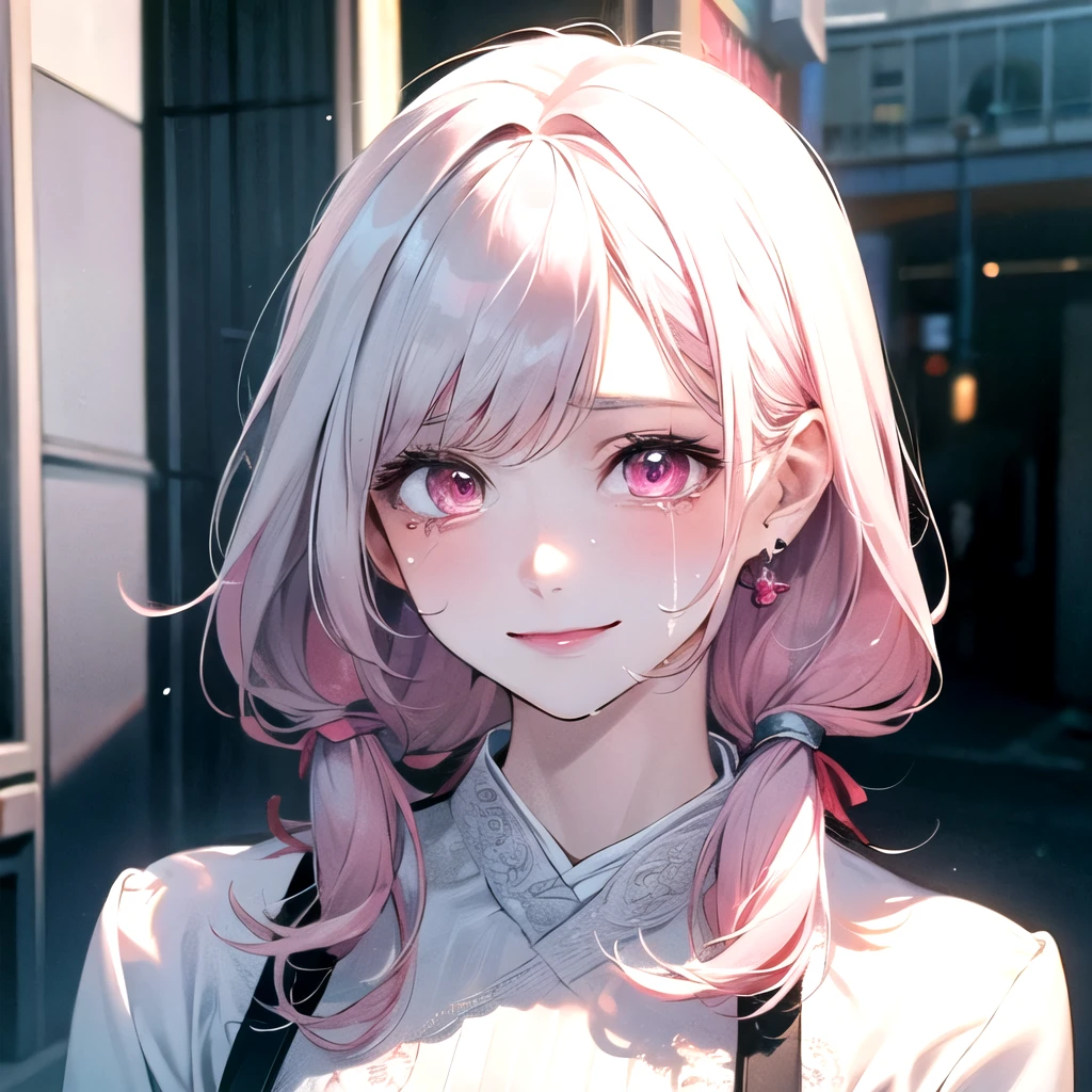 ((best quality)), ((masterpiece)), (detailed), perfect face. Asian girl. White hair. Pink eyes. Inner pink hair. Glowing eyes. Crying. Smile. Look behind. White clothes. Street.
