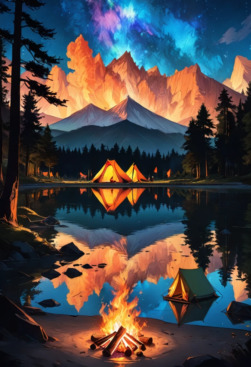 outdoor camping, (A beautiful sky, silhouette of a campsite, roaring fire, tent, on the shore by reflective crystal clear water, silhouettes of trees mountains, valleys, reflective clear water:2.6), hyperdetailed, color gradient, deep color, complementary colors, beautiful, complex, cosmic, elaborate ethereal, twilight, movement, calm, sincere, faith, perfect reflection