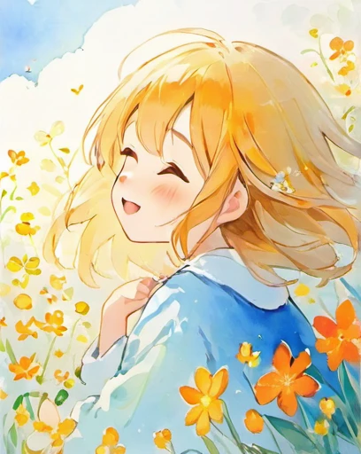 blue sky、Smiling on Earth、背景をblue skyにする、、Illustration of a shy and sleepy girl, Completely white image, Very soft color, watercolor, Flowers, Hannah Dale,Lots of little orange flowers blooming