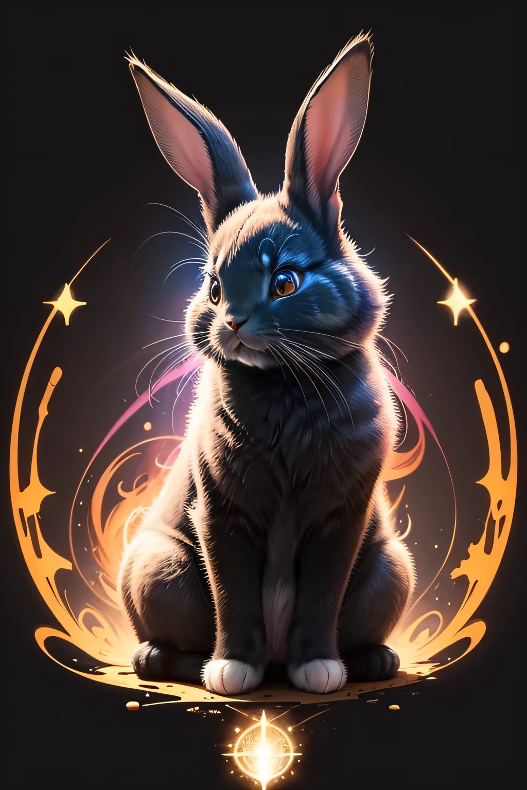 Colorful drawing of a rabbit on a black background,, Breathtaking Rendering, In a shining connection, Inspired by Kinuko Y. Crafting,, Magical Elements, Kitten Icon, oh, Is beautiful, Cast a variety of spells, bright flash, flash