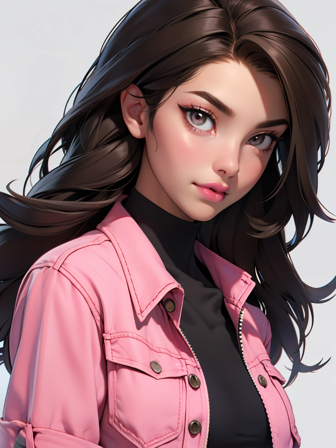 Girl, long straight brown hair, sharp features, white skin, pink lips, beautiful, T-shirt, denim jacket