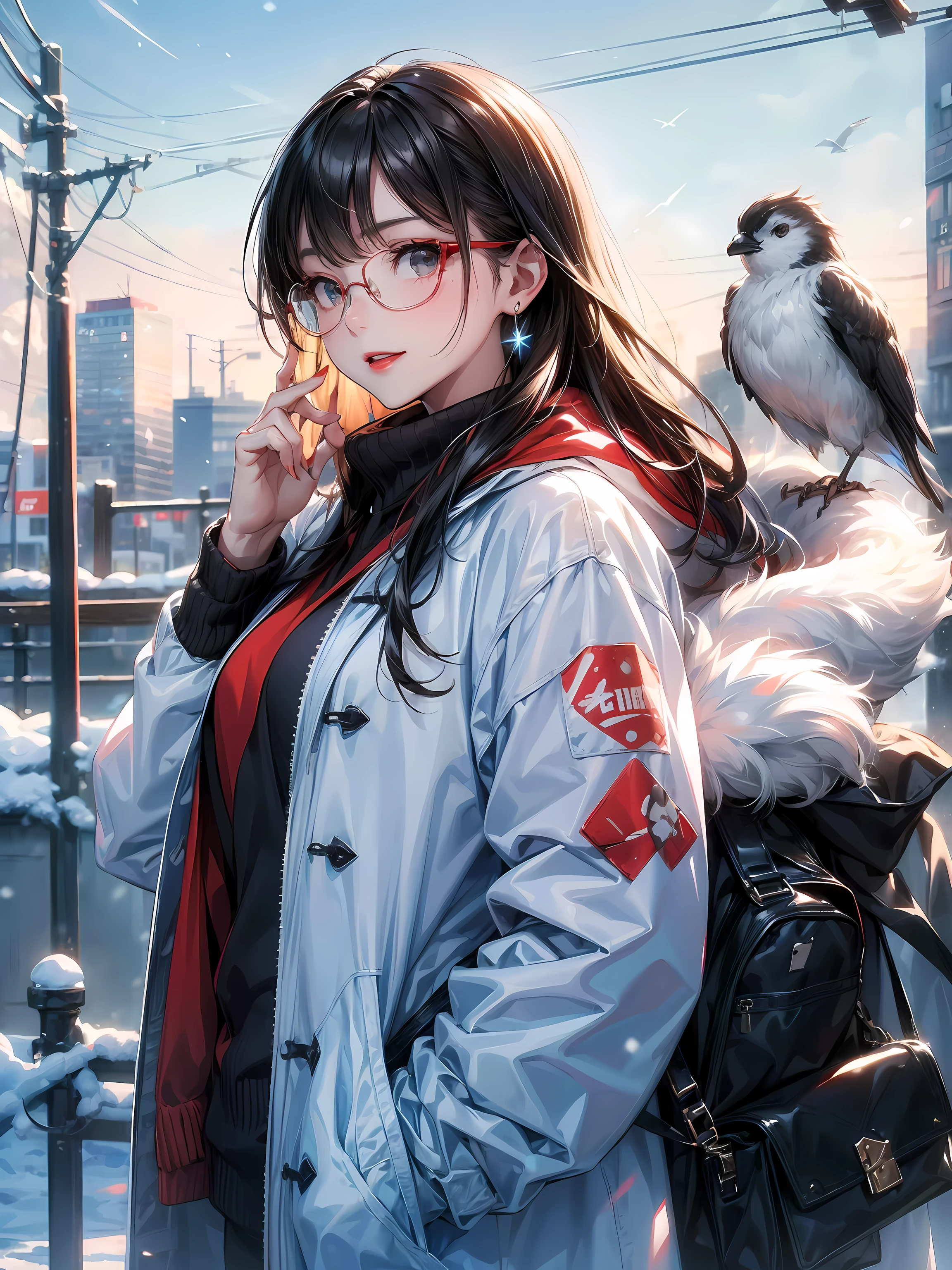 same,, 1 Girl, animal, animal on shoulder, bird, Black-framed glasses, black eyes, Black Hair, blue Sky, city View, clear Sky, coat, sky, earrings, Glasses hanging, Took off the glasses, fur coat, Jacket, Jewelry, long hair, looking off to the side, outdoor, power lines, red lips, Sky, Smile, snow, Solitary, sunglasses, white bird, white coat, 冬sky, 冬sky clothes, , ((masterpiece))