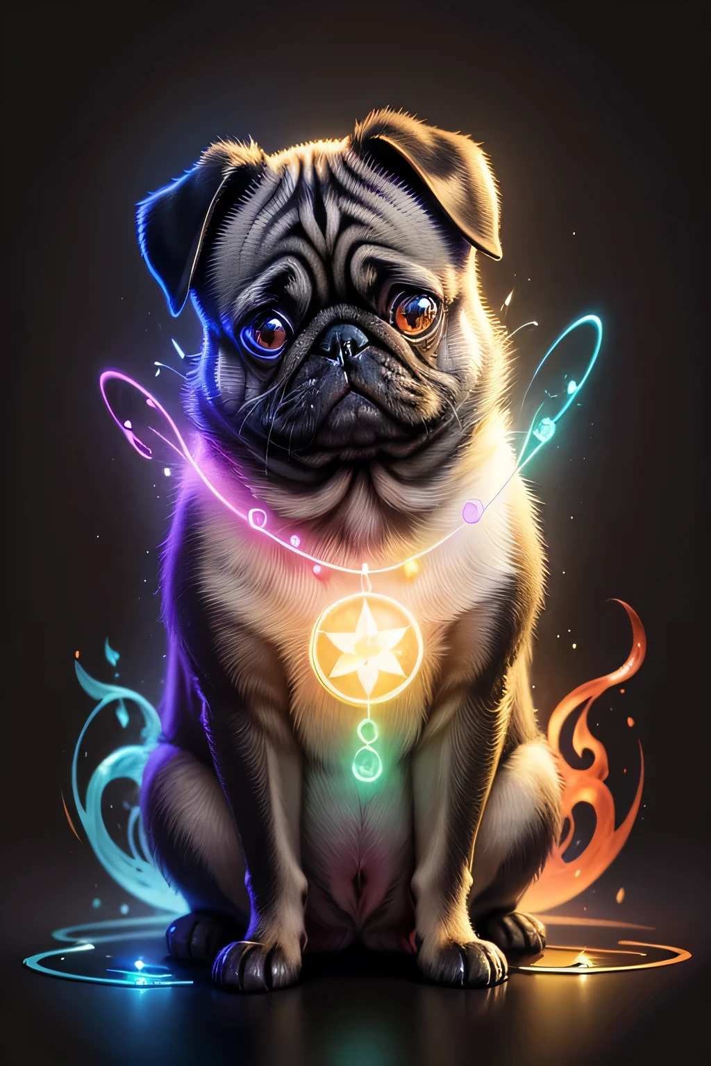 Colorful drawing of a pug on a black background,, Breathtaking Rendering, In a shining connection, Inspired by Kinuko Y. Crafting,, Magical Elements, Kitten Icon, oh, Is beautiful, Cast a variety of spells, bright flash, flash  