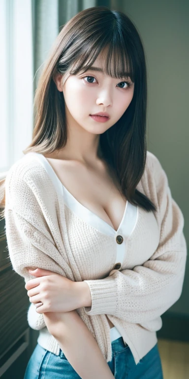 masterpiece, highest quality, 8k, 20th generation, Big Breasts, cute, alone, sad, cute, Girlish, cute、Delicate girl, Pure beauty,  RAW Photos, Professional photography, Portraiture, Soft Light, Professional Lighting, Backlight, Upper Body, avert your eyes, Sophisticated, Film Grain, (Round face、Young Face、Thin eyebrows、Thin lips:1.0), Floating Hair, beautiful, Flowing hair, bangs, White blouse、pastel cardigan、(Big Breasts:1.2)、I can see a little cleavage、Micro Mini Skirt、Voluptuous thighs、dolly make、Heterochromia iridis、Left and right eyes are different colors、Midsummer sky、Cumulonimbuidsummer Beach