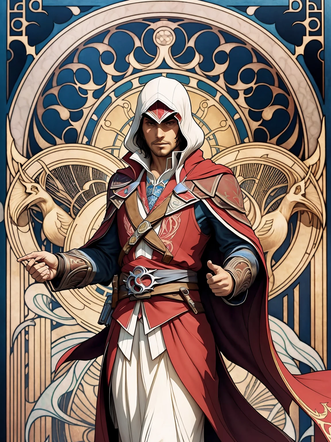 ((Art Nouveau Style)); Ezio Auditore da Firenze (Assassin's Creed Character) in a stoic pose; ((Traditional Assassin's Creed outfit)); standing; Assassin's Creed style; ultrarealistic skin, ultrarealistic face; ultrarealistic body; ((ultrarealistic gold ornaments)); detailed skin; ultra detailed eyes; ultra detailed face; full body symmetrical with thick lines, Fibonacci, golden ratio, 3D metal structure tessellation, neural graphic, neurons, color, love, passion, incredibly detailed, 8k, masterpiece, artstation, surreal