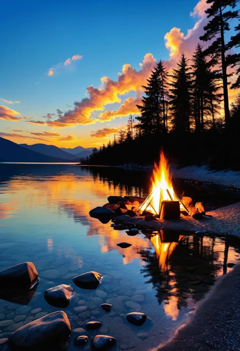 outdoor camping, (A beautiful sky, silhouette of a campsite, roaring fire, tent, on the shore by reflective crystal clear water, silhouettes of trees mountains, valleys, reflective clear water:2.6), hyperdetailed, color gradient, deep color, complementary colors, beautiful, complex, cosmic, elaborate ethereal, twilight, movement, calm, sincere, faith, perfect reflection