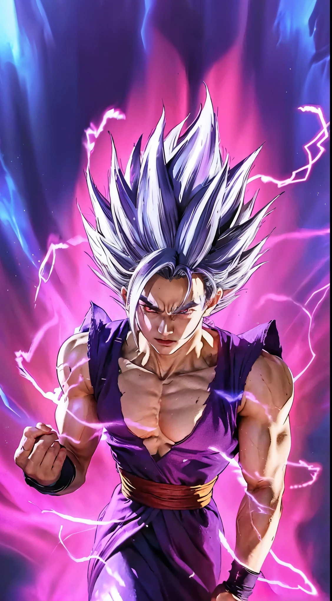 beast Gohan convert to Real Life, real hair, real skin, real eyes, red eyes colour, westren face, real skin tone, glowing lighting purple, real lighting source, 4k