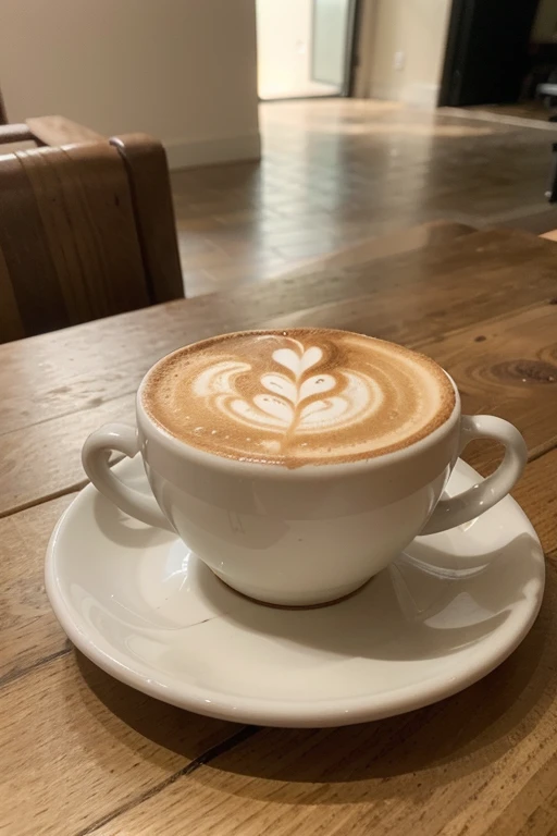 Photo of a cappuccino on a white plate at a 45 degree angle on a wooden table