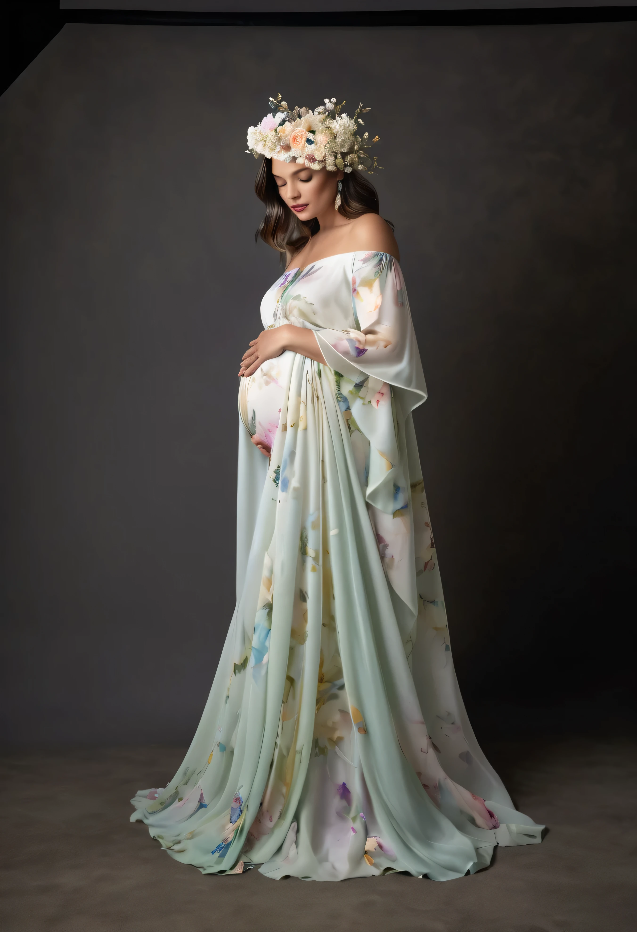 pregnant woman in a flower floral colorful dress posing for a picture, cover shot, backdrop with Paper marbling pattern , Persian pattern , “hyper realistic, cover. photo : david roemer, flowing gown, soft elegant gown, draped in flowing fabric, award winning studio photo, endless flowing ethereal drapery, beautiful gown, ellie victoria gale, gown, award winning fashion photo, cait miers, monia merlo