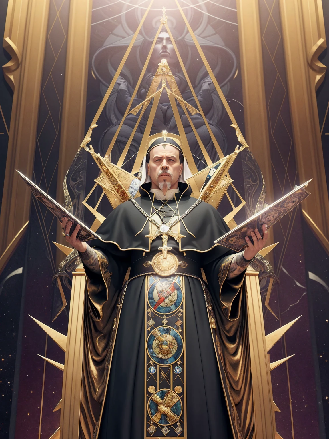 ((Tarot Card Style)); James Hetfield as a Heavy Metal Pope in a stoic pose; ((Traditional Heavy Metal Pope outfit)); standing; ((Traditional Heavy Metal style)); ultrarealistic skin, ultrarealistic face; ultrarealistic body; ((ultrarealistic gold ornaments)); detailed skin; ultra detailed eyes; ultra detailed face; full body symmetrical with thick lines, Fibonacci, golden ratio, 3D metal structure tessellation, neural graphic, neurons, color, love, passion, incredibly detailed, 8k, masterpiece, artstation, surreal