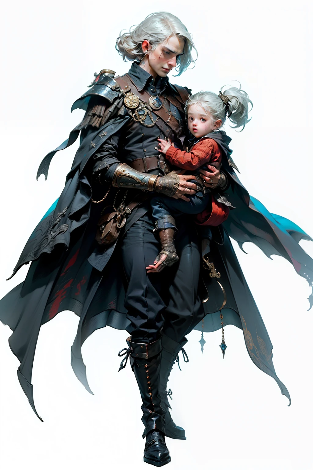 ((best quality)), ((masterpiece)), (detailed), perfect face, a mother cradling her child, a knight, white background, plain background, Bloodborne inspired, Bloodborne attire, occult aesthetic, occult, red and white clothing detailed and intricate steampunk and detailed gothic, long coat, Complex laced boots, Silver hair swaying in the wind, white background, Very dramatic and cinematic lighting, full body, whole body, body, cosmic horror, grim dark, a mother cradling her , mother, , mother and , woman and
