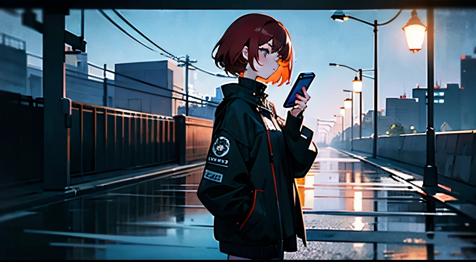 masterpiece,Highest quality,A girl with short red hair and a gloomy face is looking down and operating a smartphone,Modern Girl,Punk Fashion,(An empty park at night:1.3)