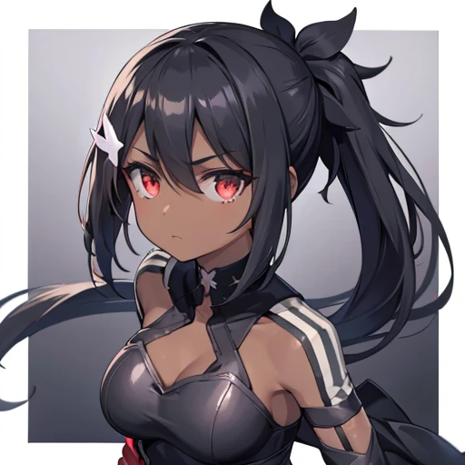 Black Dress、Side ponytail、Red eye contact lenses、Breast size D、I can see the chest、（One Girl）Dark Skin , Dynamic Angle , Official Art , Are standing , Bottom View 
