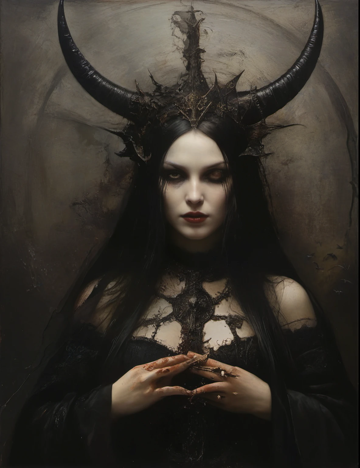James Gurney, Surrealist art , dream-like, Mysterious, Provocative, symbolic, Complex, detailed,, (Gothic but very beautiful:1.4), (masterpiece, highest quality:1.4) , Nicola Samori Style, Beautiful female devil