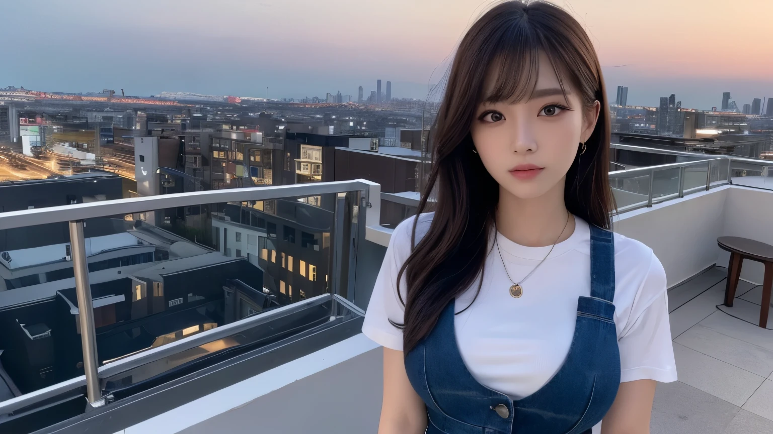 ((midnight、highest quality、8k、masterpiece:1.3))、whole body、Long legs、Sharp Focus:1.2、Beautiful woman with perfect figure:1.4、Slender Abs:1.1、((Dark Brown Hair、Huge breasts:1.2))、(White tight t-shirt、Jean Bib、Are standing:1.2)、((Night City View、rooftop:1.3))、Highly detailed face and skin texture、Detailed eyes、double eyelid