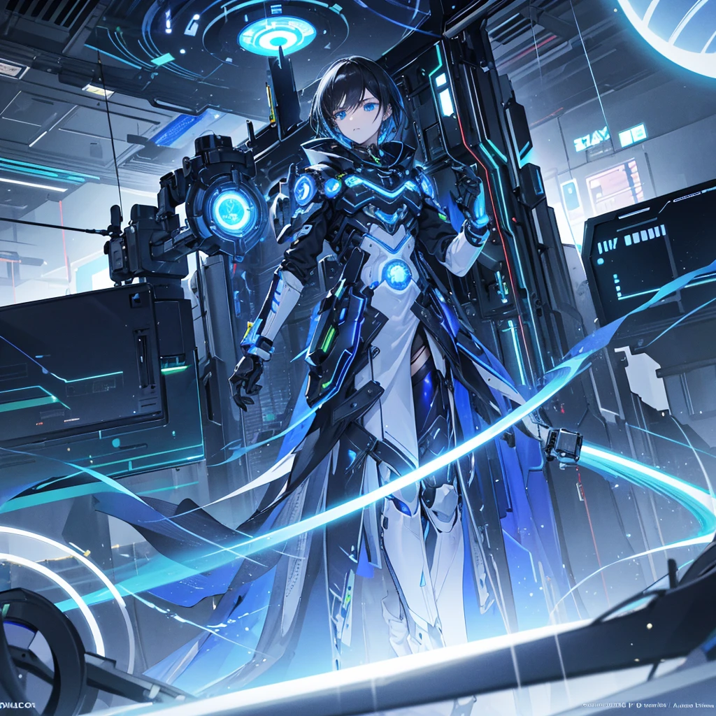 In a futuristic and high-tech laboratory, a 25 year old young guy with striking, glowing blue eyes and tousled dark hair stands confidently at the center. The individual is dressed in a black, futuristic outfit adorned with charismatic glowing blue accents, including a prominent, glowing pendant and tech gadgets. Behind them, a large, intricate machine with glowing elements and a clock-like structure creates a dramatic backdrop. The laboratory is filled with advanced technology, holographic screens, and mysterious glowing orbs, contributing to the sci-fi, cyberpunk atmosphere. His stance is like an alpha standing with cool and deadly feeling.