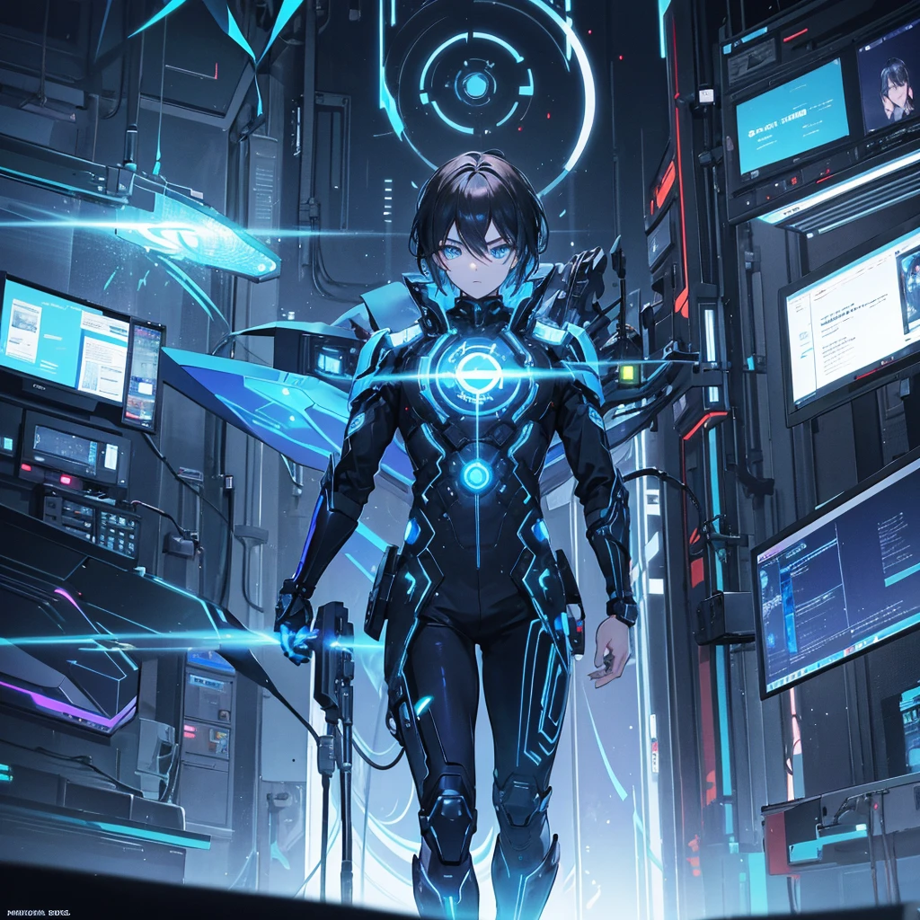 In a futuristic and high-tech laboratory, a 25 year old young guy with striking, glowing blue eyes and tousled dark hair stands confidently at the center. The individual is dressed in a black, futuristic outfit adorned with charismatic glowing blue accents, including a prominent, glowing pendant and tech gadgets. Behind them, a large, intricate machine with glowing elements and a clock-like structure creates a dramatic backdrop. The laboratory is filled with advanced technology, holographic screens, and mysterious glowing orbs, contributing to the sci-fi, cyberpunk atmosphere. His stance is like an alpha standing with cool and deadly feeling.