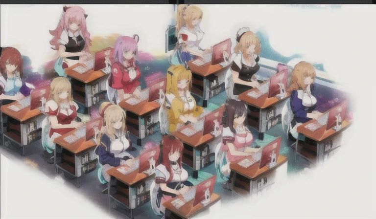 There are many girls sitting at desks in the classroom, Inspiration Gacha Club Game, Ecchi anime style, Visual novel cg, Cute Internet God, OPPEIN, Korean multiplayer online games, Popularity on pixiv, Game image, Korean multiplayer online gamesrpg, cyber school girl, ig studio anime style, <Multiplayer online role-playing game scenario, Visual novel, Hot game graphics, Anime maid riding an early car