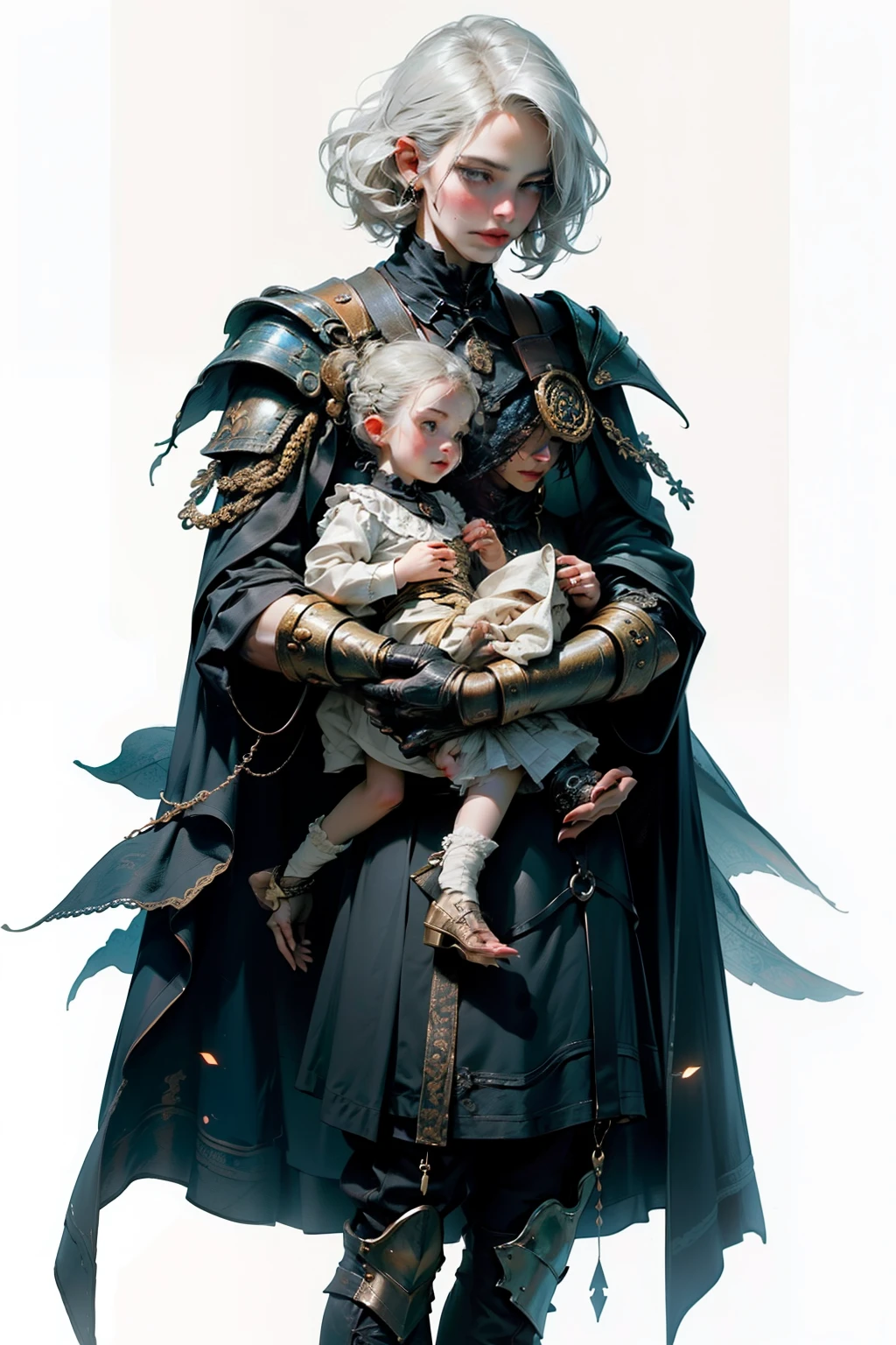 ((best quality)), ((masterpiece)), (detailed), perfect face, a mother cradling her , a knight, white background, plain background, Bloodborne inspired, Bloodborne attire, occult aesthetic, occult, red and white clothing detailed and intricate steampunk and detailed gothic, long coat, Complex laced boots, Silver hair swaying in the wind, white background, Very dramatic and cinematic lighting, full body, whole body, body, cosmic horror, grim dark, a mother cradling her , mother,