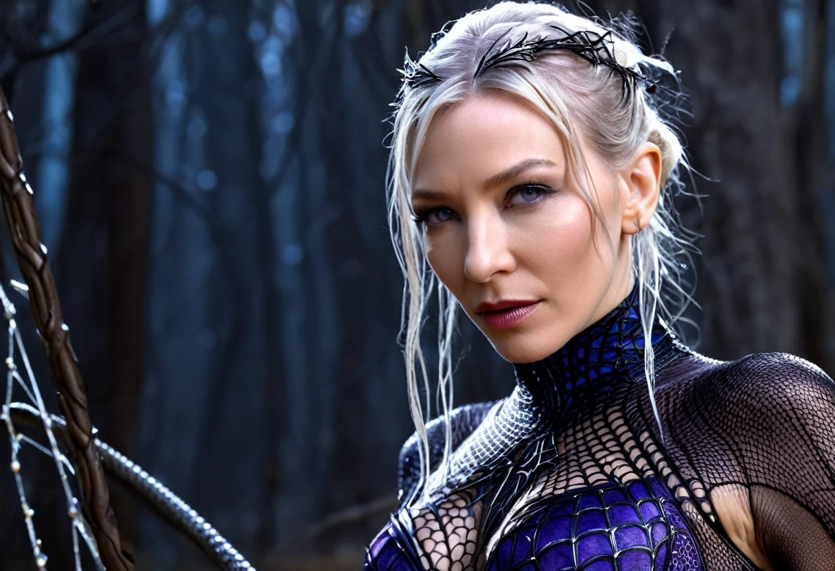 ((cate Blanchett (25)), beautiful detailed eyes, beautiful detailed lips, extremely detailed eyes and face, long eyelashes, 1 girl, drow elf, midnight black skin, solid violet eyes, silver hair, confident, vicious, wearing only scant body jewelry in the style of a spider web, snake whip, unclad), fearless, best quality, 4k, 8k, highres, masterpiece:1.2, ultra-detailed, realistic, photorealistic, photo-realistic:1.37, HDR, UHD, studio lighting, ultra-fine painting, sharp focus, physically-based rendering, extreme detail description, professional, vivid colors, bokeh, full body portrait, show all of her, show her head to toe, show her entire body, show all of her, show all of her, show all of her
