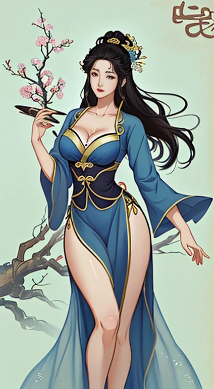 a woman wearing an outfit from Snow White and the Seven (1937 Disney animation), the Dwarves are behind Snow White, correct and well-defined anatomy, fair skin, black hair, brown eyes, very detailed symmetrical eyes and beautiful, young face, defined and athletic body, very large cleavage; Busty and young girl, huge cleavage showing off her perfect big breasts, She has a sensual body with a beautiful pair of big breasts, the character radiates a magical aura and has flowing hair. She explores a giant forest with lots of mushrooms on the way; specifically at night, holding a glowing apple to illuminate the darkness.