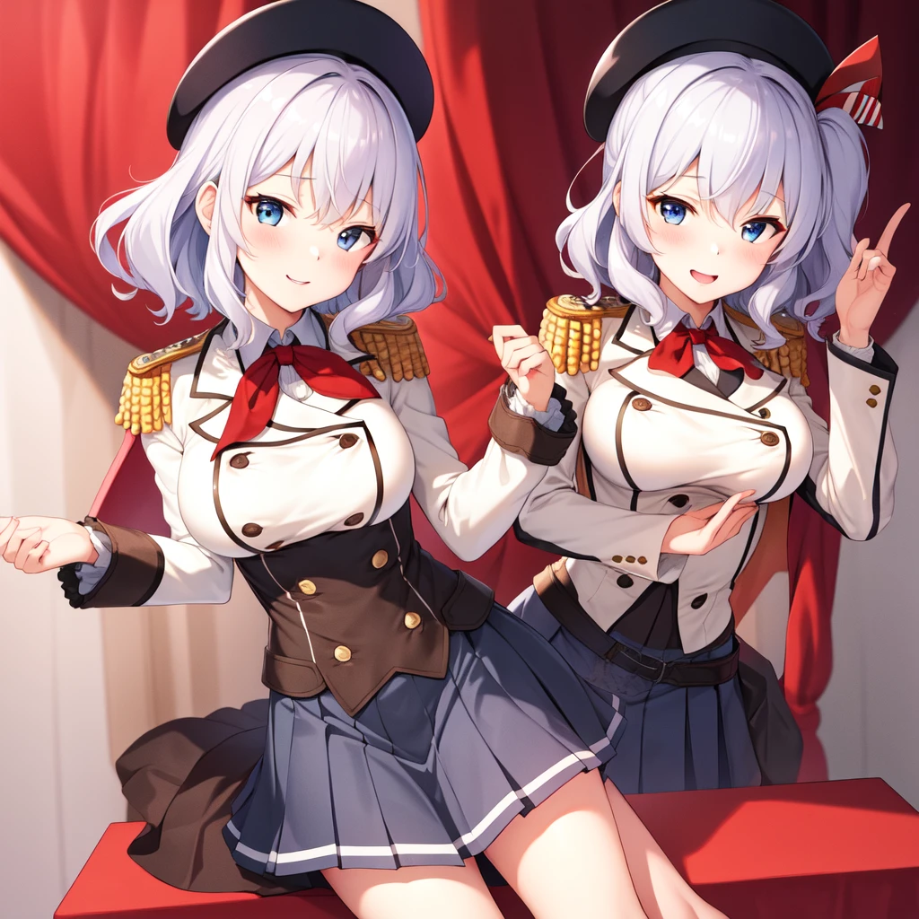 (masterpiece, best quality:1.2),giggle,A hand touched his chest,illustration,8K,HD,1 girl,solitary,portrait,blush,white hair,blue eyes,curls,Double tail,Berets,Epaulettes,Ruffled sleeves,Jacket,Large Breasts,Long sleeve,,mini skirt,Pleated Skirt,Red tie,White gloves,anchor,Solid color background