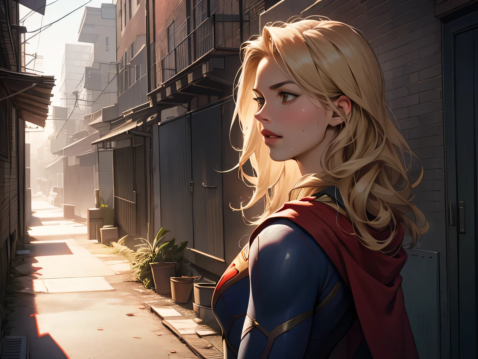 (masterpiece:1.3), (8k, Realistic, RAW Photos, highest quality: 1.4), Absurd, Charm, Ultra-high resolution, Ultra-realistic, Very detailed, Golden Ratio, (Realistic), (Best Shadow), Low contrast, (Complex:1.4), Side lighting, 8K, Beautiful Face, (Realistic Face), Beautiful hairstyle, Realistic eyes, Beautiful fine details, (Realistic Skin), Beautiful Skin, (One girl), ((Melissa Benoist)), ((SUPER GIRL)), (Accurate hand and finger depiction), Supergirl Women, (Blonde, Long Hair:1.4), ((Red cloak)), BREAK ((Facing forward)), (Sweat), BREAK ((A deserted back alley in the city)), ((New York cityscape)), ((Red brick building)), (Front view)