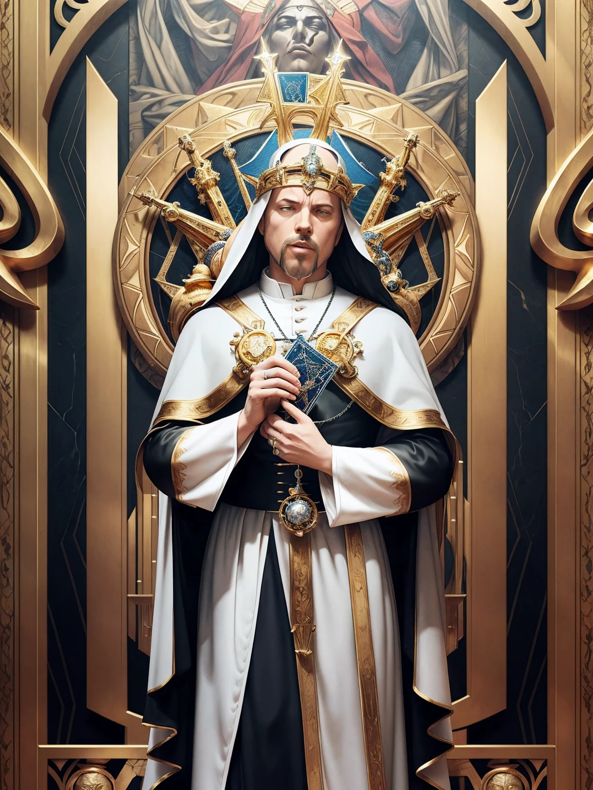 ((Tarot Card Style)); James Hetfield as a Heavy Metal Pope in a stoic pose; ((Traditional Heavy Metal Pope outfit)); standing; ((Traditional Heavy Metal style)); ultrarealistic skin, ultrarealistic face; ultrarealistic body; ((ultrarealistic gold ornaments)); detailed skin; ultra detailed eyes; ultra detailed face; full body symmetrical with thick lines, Fibonacci, golden ratio, 3D metal structure tessellation, neural graphic, neurons, color, love, passion, incredibly detailed, 8k, masterpiece, artstation, surreal