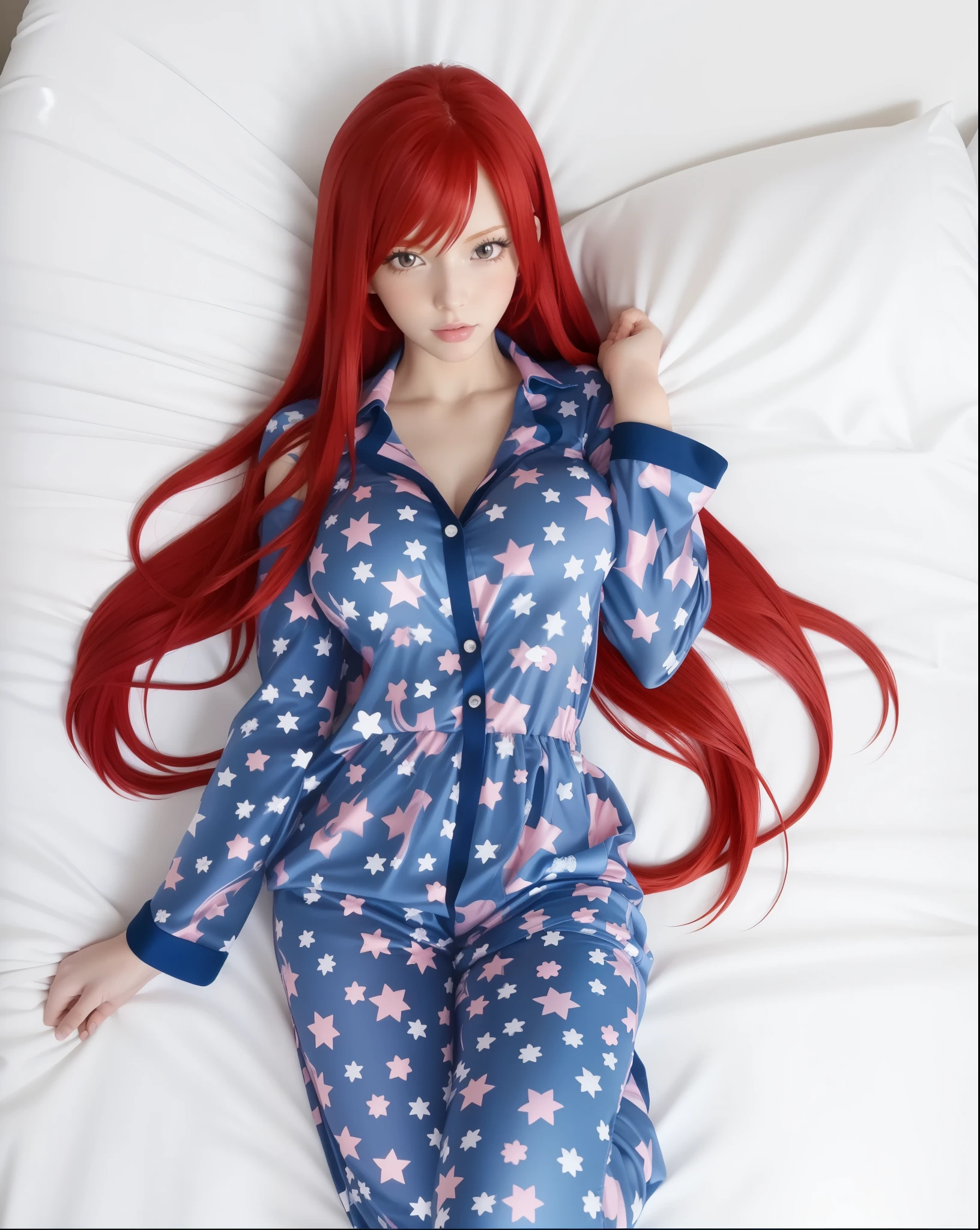 a close up of a person in a blue pajamas with long red hair, lying on ben, looking at viewer, erza scarlet as a real person, rias gremory, female anime character, anime girl named Erza Scarlet, Fairy Tale anime, best anime character design, she has red hair, seductive anime girl, anime character, with red hair, anime best girl, with long red hair, anime woman full body art, realistic art